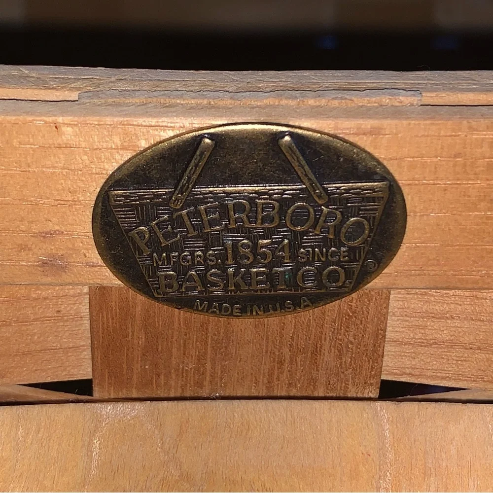 Peterboro Basket Co. NH Heart Knob Wood Covered Basket Gingham Denim Cloth